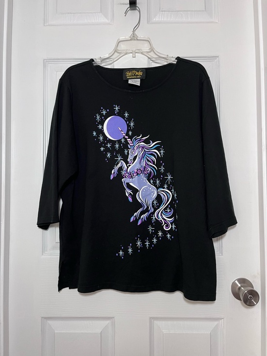 Bob Mackie Tops - Bob Mackie Wearable Art 100% Cotton Black 3/4 Sleeve Top with Purple Unicorn